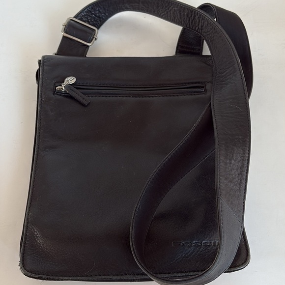 Fossil black leather messenger crossbody adjustable strap bag card pen slots - Picture 16 of 16